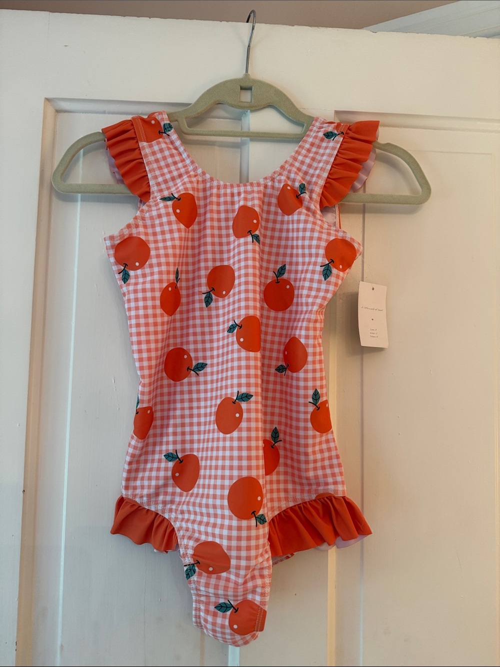 Girls Orange Gingham One-Piece Swimsuit with Fruit Print and Ruffle Trim